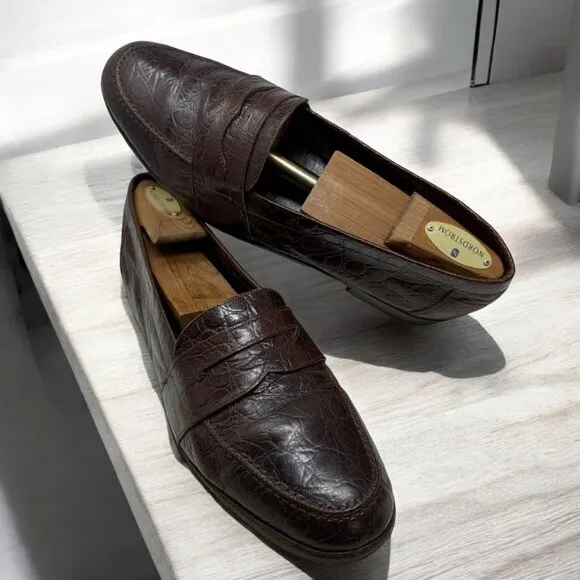 Vintage Johnston Murphy Prima Strada‎ Crocodile Leather Handmade Penny Loafers