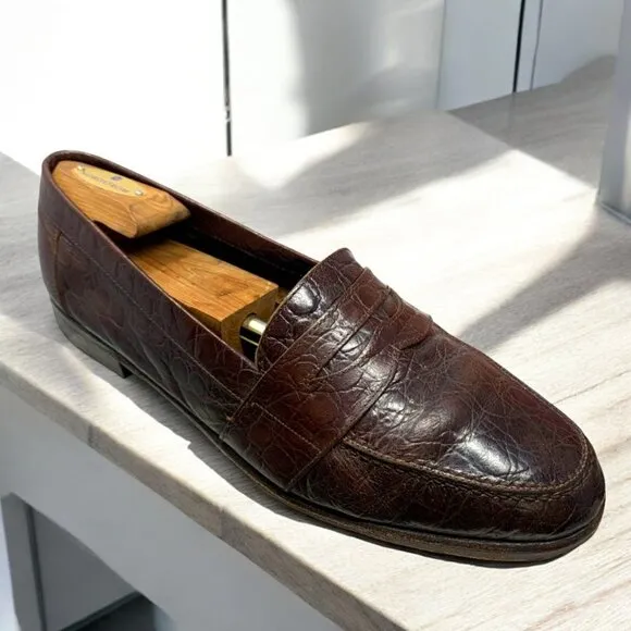 Vintage Johnston Murphy Prima Strada‎ Crocodile Leather Handmade Penny Loafers