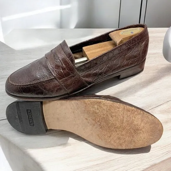 Vintage Johnston Murphy Prima Strada‎ Crocodile Leather Handmade Penny Loafers