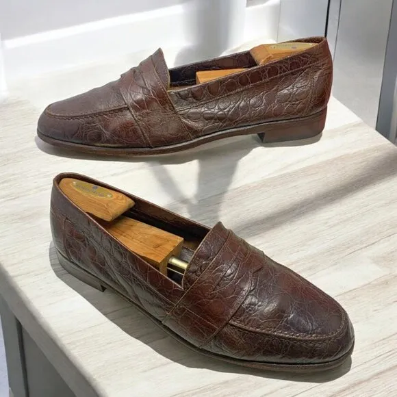 Vintage Johnston Murphy Prima Strada‎ Crocodile Leather Handmade Penny Loafers