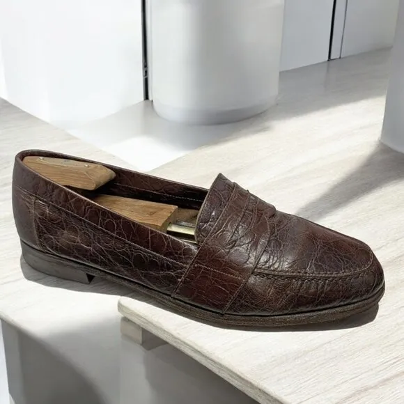 Vintage Johnston Murphy Prima Strada‎ Crocodile Leather Handmade Penny Loafers