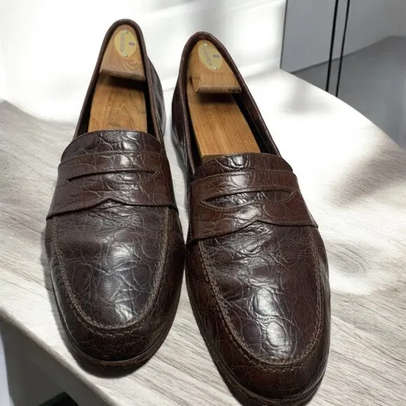 Vintage Johnston Murphy Prima Strada‎ Crocodile Leather Handmade Penny Loafers