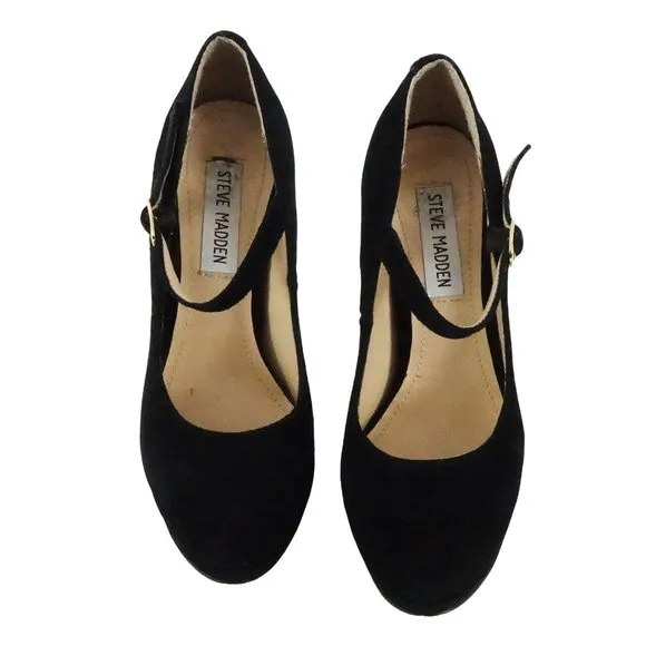 Vintage Steve Madden Platform Shoes High Heeled Black Suede Mary Jane Pumps Wome