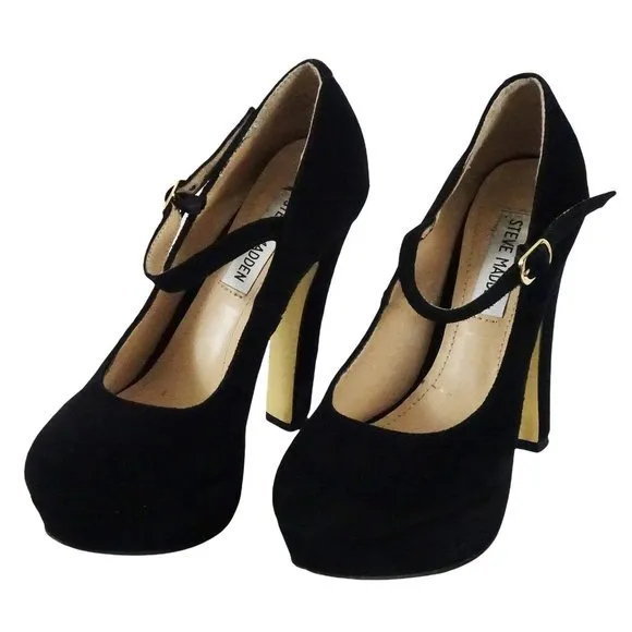 Vintage Steve Madden Platform Shoes High Heeled Black Suede Mary Jane Pumps Wome
