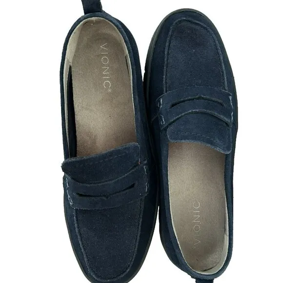 Vionic Penny Loafer Shoes 9.5 Wide Uptown Light Navy Blue Suede Packable Comfort