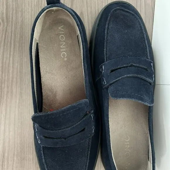 Vionic Penny Loafer Shoes 9.5 Wide Uptown Light Navy Blue Suede Packable Comfort
