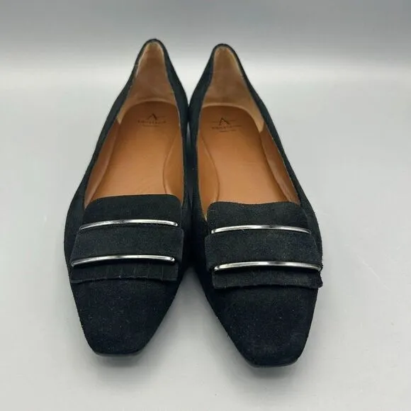 Women's Aquatalia Size 7 Black Suede Flats Loafers Shoes Square Toe