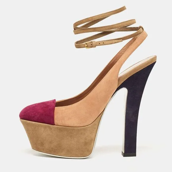 Yves Saint Laurent Multicolor Suede Ankle Strap Pumps Size 37