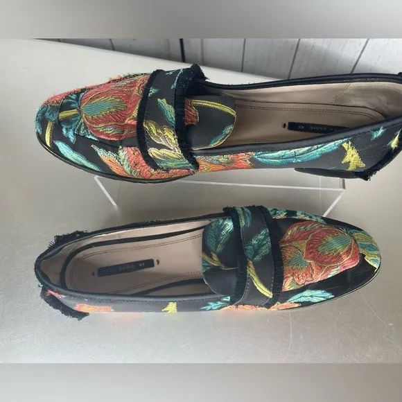 ZARA BASIC Black Orange Green Blue Floral Brocade fabric Fringe Loafers 41