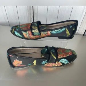 ZARA BASIC Black Orange Green Blue Floral Brocade fabric Fringe Loafers 41
