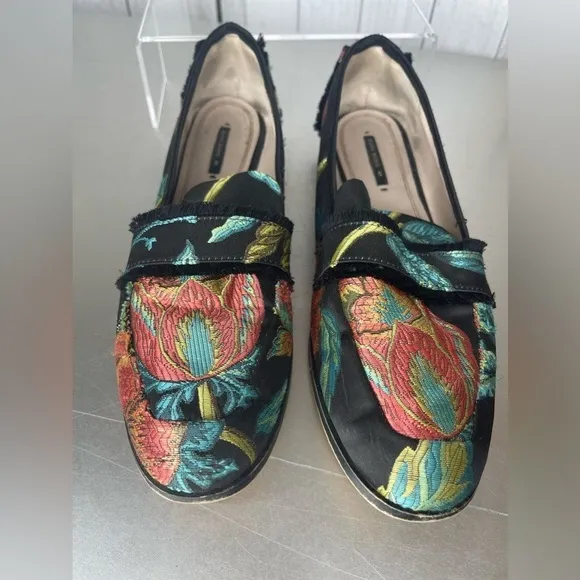 ZARA BASIC Black Orange Green Blue Floral Brocade fabric Fringe Loafers 41
