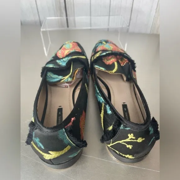 ZARA BASIC Black Orange Green Blue Floral Brocade fabric Fringe Loafers 41