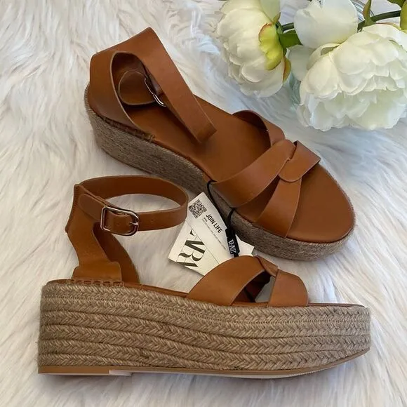Zara Brown Leather Strap Wedge Sandals Shoes Size 10