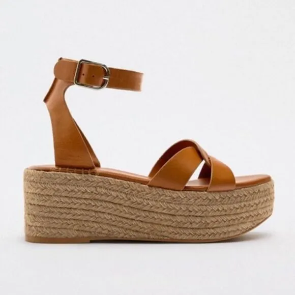 Zara Brown Leather Strap Wedge Sandals Shoes Size 10