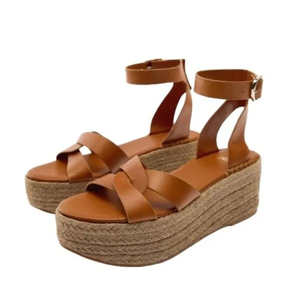 Zara Brown Leather Strap Wedge Sandals Shoes Size 10