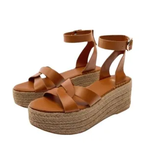 Zara Brown Leather Strap Wedge Sandals Shoes Size 10