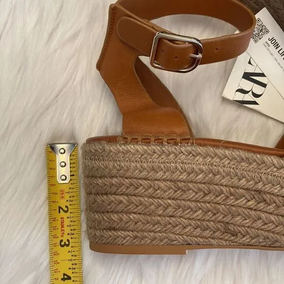 Zara Brown Leather Strap Wedge Sandals Shoes Size 10