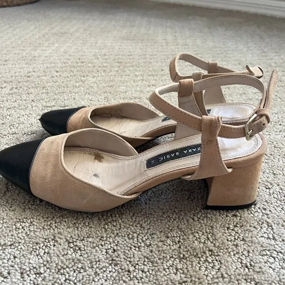 Zara COMBINED MID-HEEL LEATHER SLINGBACK SHOES Size 6.5, Block Heel, Beige Black