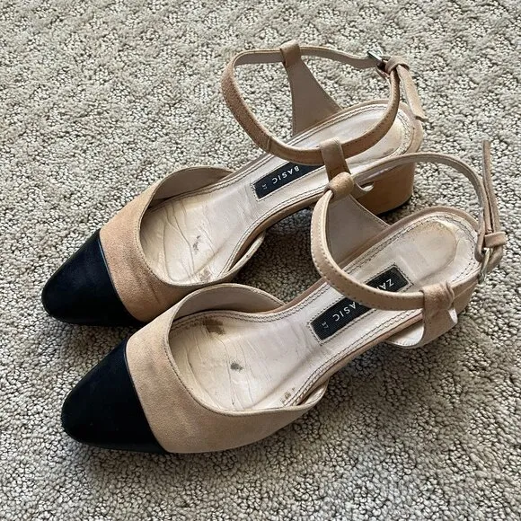 Zara COMBINED MID-HEEL LEATHER SLINGBACK SHOES Size 6.5, Block Heel, Beige Black