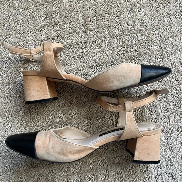 Zara COMBINED MID-HEEL LEATHER SLINGBACK SHOES Size 6.5, Block Heel, Beige Black