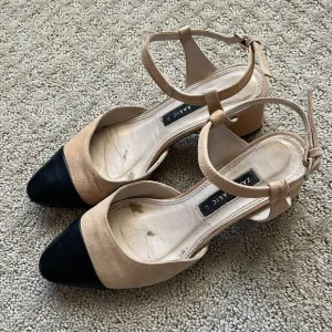 Zara COMBINED MID-HEEL LEATHER SLINGBACK SHOES Size 6.5, Block Heel, Beige Black