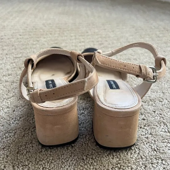 Zara COMBINED MID-HEEL LEATHER SLINGBACK SHOES Size 6.5, Block Heel, Beige Black